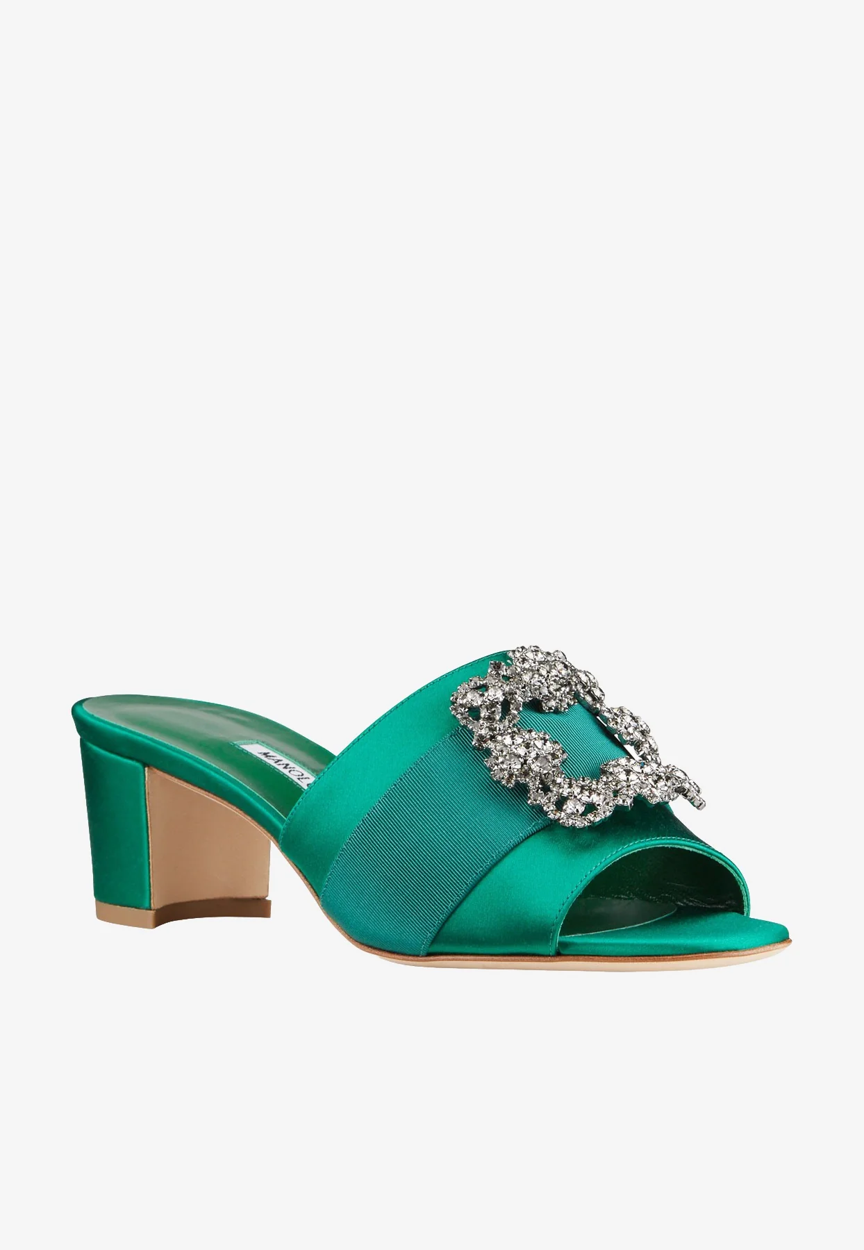 Manolo Blahnik Martanew 50 Satin Mules with Crystal Buckle