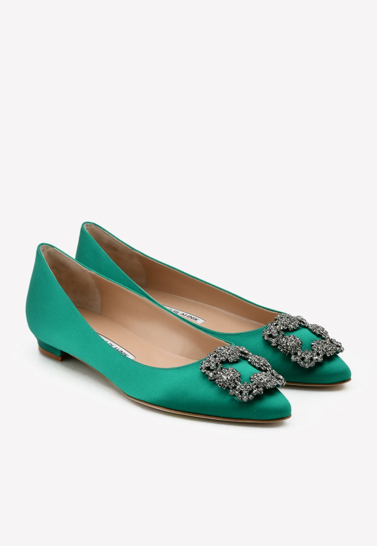 Manolo Blahnik Hangisi Satin Ballet Flats with FMC Crystal Buckle