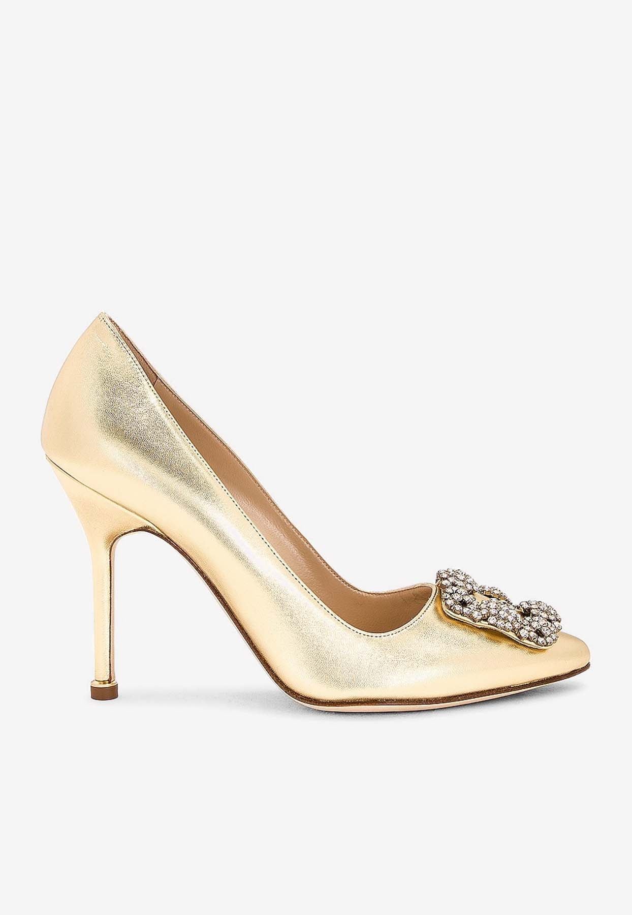 Manolo Blahnik Hangisi 105 Crystal Buckle Pumps in Metallic Leather