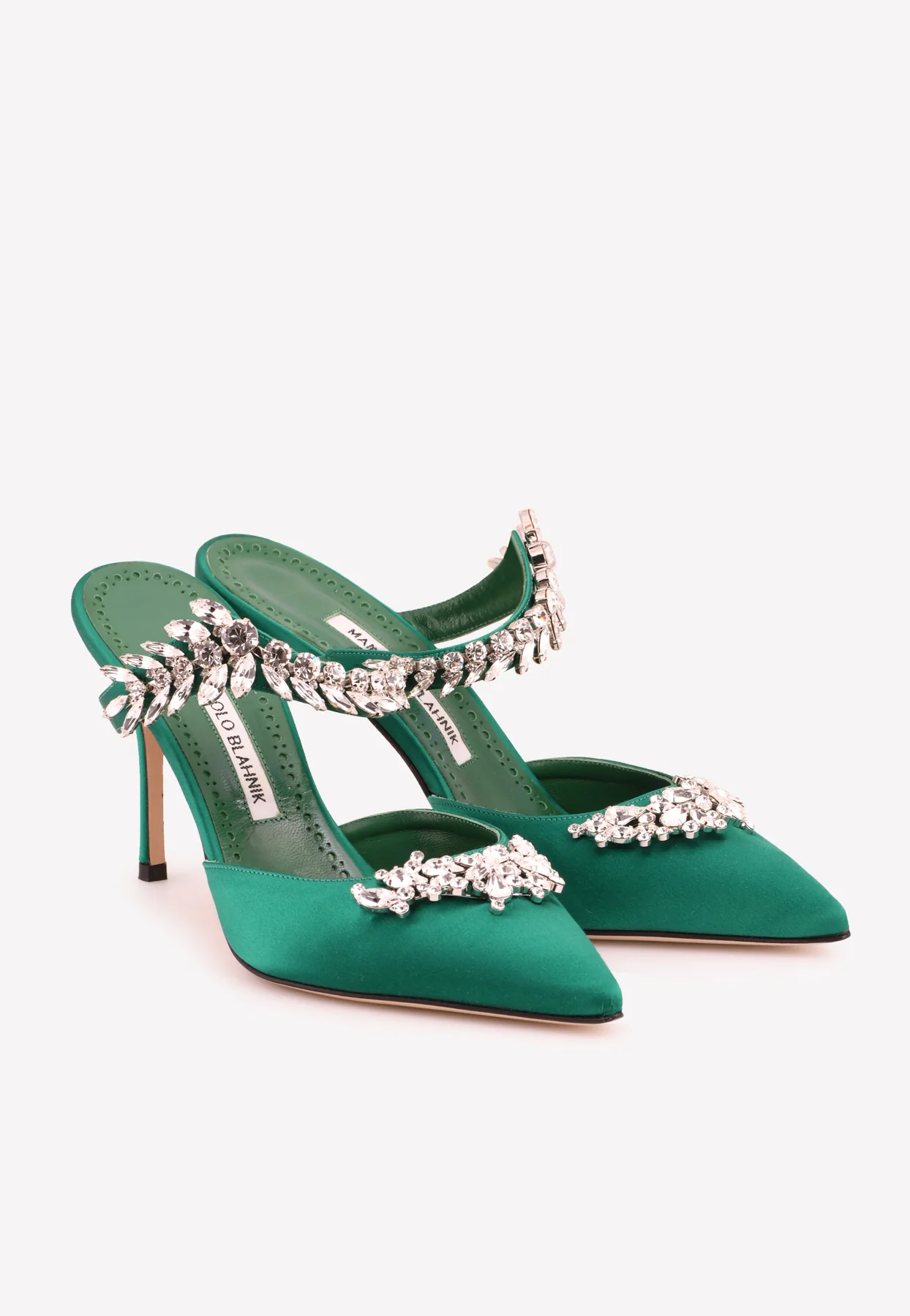 Manolo Blahnik Lurum 90 Satin Crystal-Embellished Mules