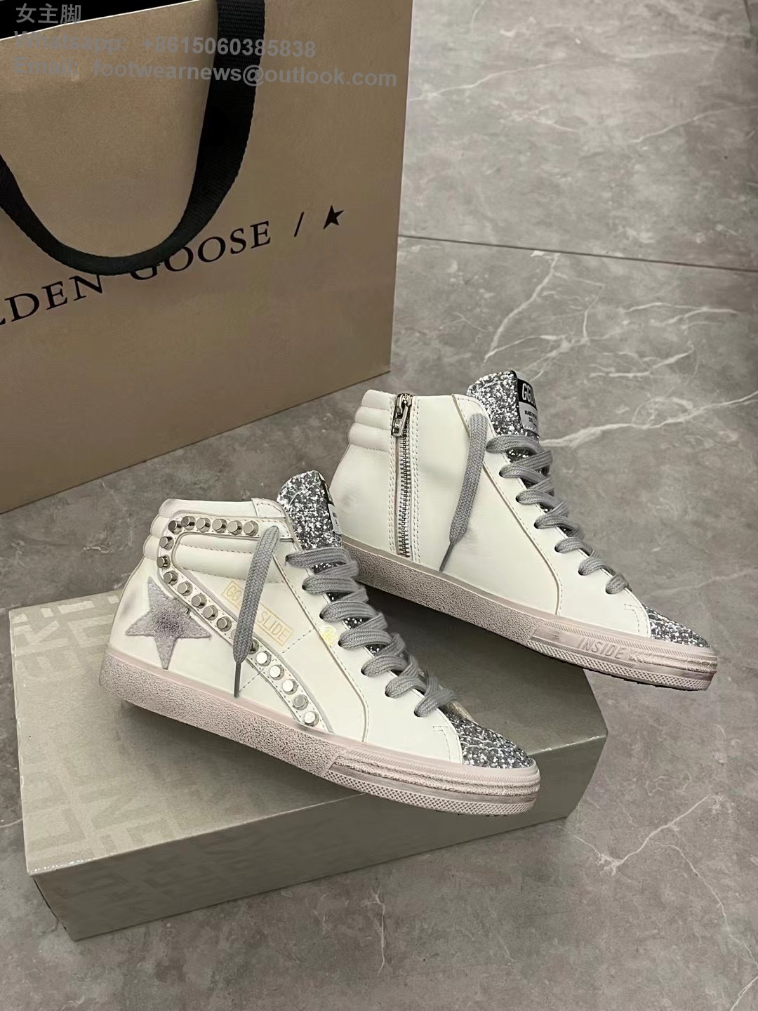 Golden Goose GGDB Slide High-Top Sneakers Women Men Lace-Up Shoes Studs