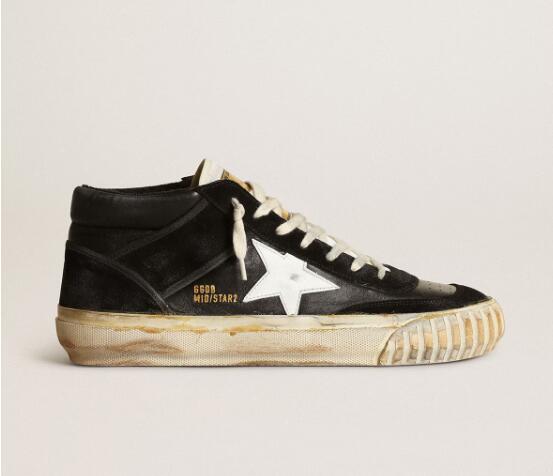 Golden Goose GGDB Mens Sneaker Shoes Mid Star in black nappa and suede with white leather star