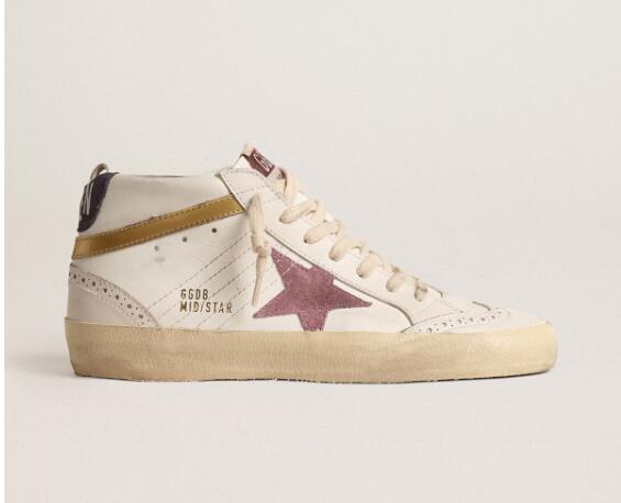 Golden Goose GGDB Women Sneaker Shoes Mid Star with pink suede star and gold metallic leather flash
