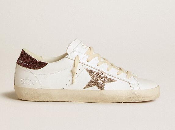 Golden Goose GGDB Women Sneaker Shoes Women's Super-Star with gold glitter star and burgundy glitter heel tab