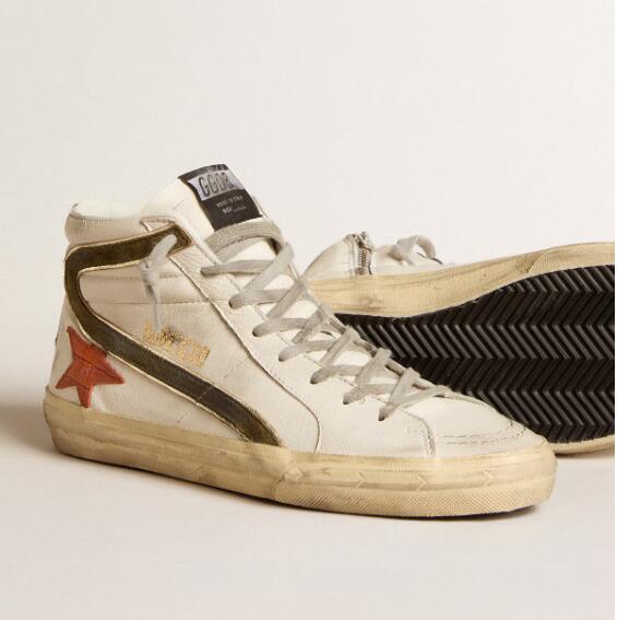 Golden Goose GGDB Mens Sneaker Shoes nappa leather Slide with orange croc-print star and green suede flash