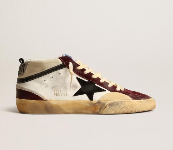 Golden Goose GGDB Mens Sneaker Shoes Mid Star in nappa with black suede star and wine-red inserts