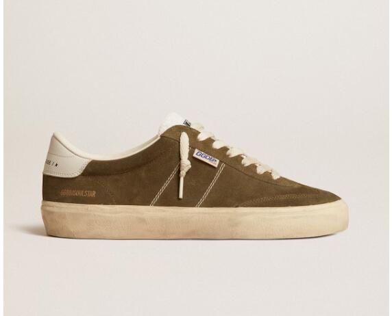 Golden Goose GGDB Mens Sneaker Shoes Soul Star in green suede with white leather heel tab and tongue