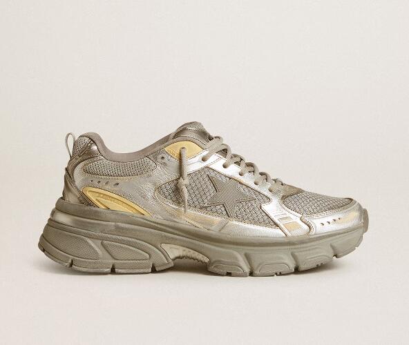 Golden Goose GGDB Women Sneaker Shoes Lightstar in metallic leather and silver mesh with gray star
