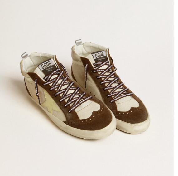 Golden Goose GGDB Mens Sneaker Shoes Mid Star in beige glitter with yellow suede star and cotton flash