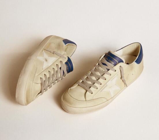 Golden Goose GGDB Mens Sneaker Shoes Super-Star LTD in nubuck with white leather star and blue heel tab