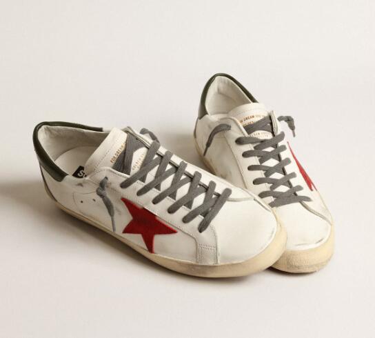 Golden Goose GGDB Mens Sneaker Shoes Super-Star with red suede star and green leather heel tab