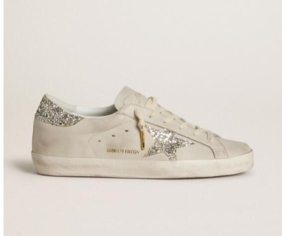 Golden Goose GGDB Women Sneaker Shoes Super-Star LTD in ivory nappa leather with platinum glitter star and heel tab