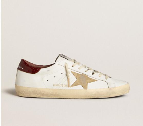 Golden Goose GGDB Mens Sneaker Shoes Super-Star with sand suede star and red croc-print leather heel tab