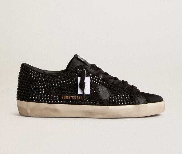 Golden Goose GGDB Women Sneaker Shoes Super-Star in black suede with Swarovski crystals and black suede star