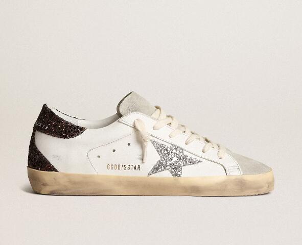 Golden Goose GGDB Women Sneaker Shoes Super-Star with silver star and brown glitter heel tab