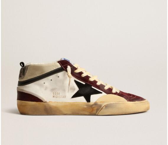 Golden Goose GGDB Mens Sneaker Shoes Mid Star in nappa with black suede star and wine-red inserts