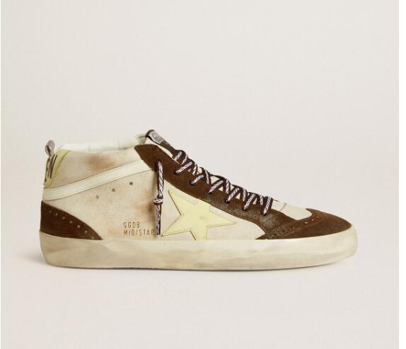 Golden Goose GGDB Mens Sneaker Shoes Mid Star in beige glitter with yellow suede star and cotton flash