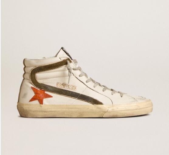 Golden Goose GGDB Mens Sneaker Shoes nappa leather Slide with orange croc-print star and green suede flash