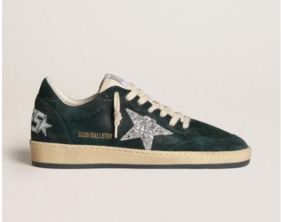 Golden Goose GGDB Women Sneaker Shoes Ball Star in green suede with silver glitter star
