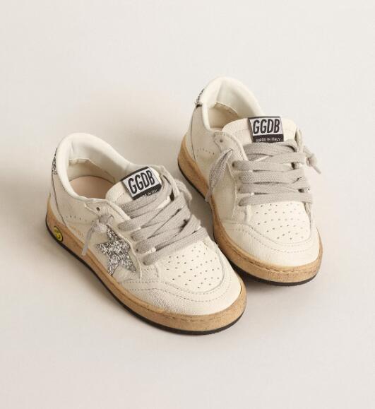 Kids Golden Goose GGDB Sneaker children youth Boy Girl Shoes Ball Star Young in nappa with silver glitter star and heel tab