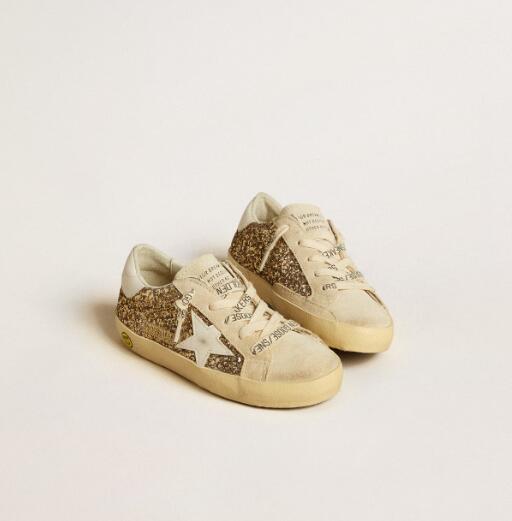 Kids Golden Goose GGDB Sneaker children youth Boy Girl Shoes Super-Star Junior in gold glitter with white leather star and heel tab