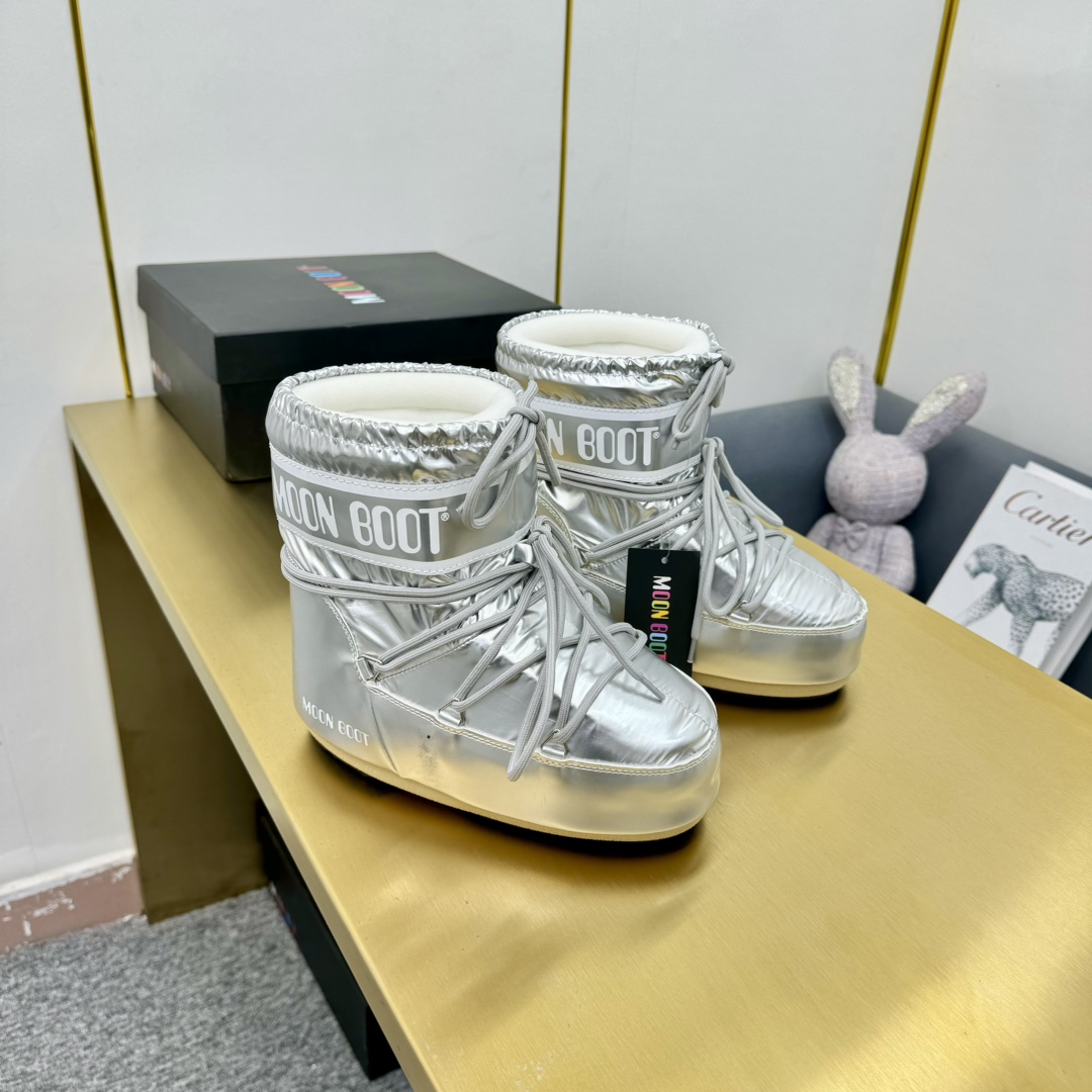 Moon Boot Silver Icon Low Glance Satin Boots Water-repellent Round toe lace-up Women Shoes