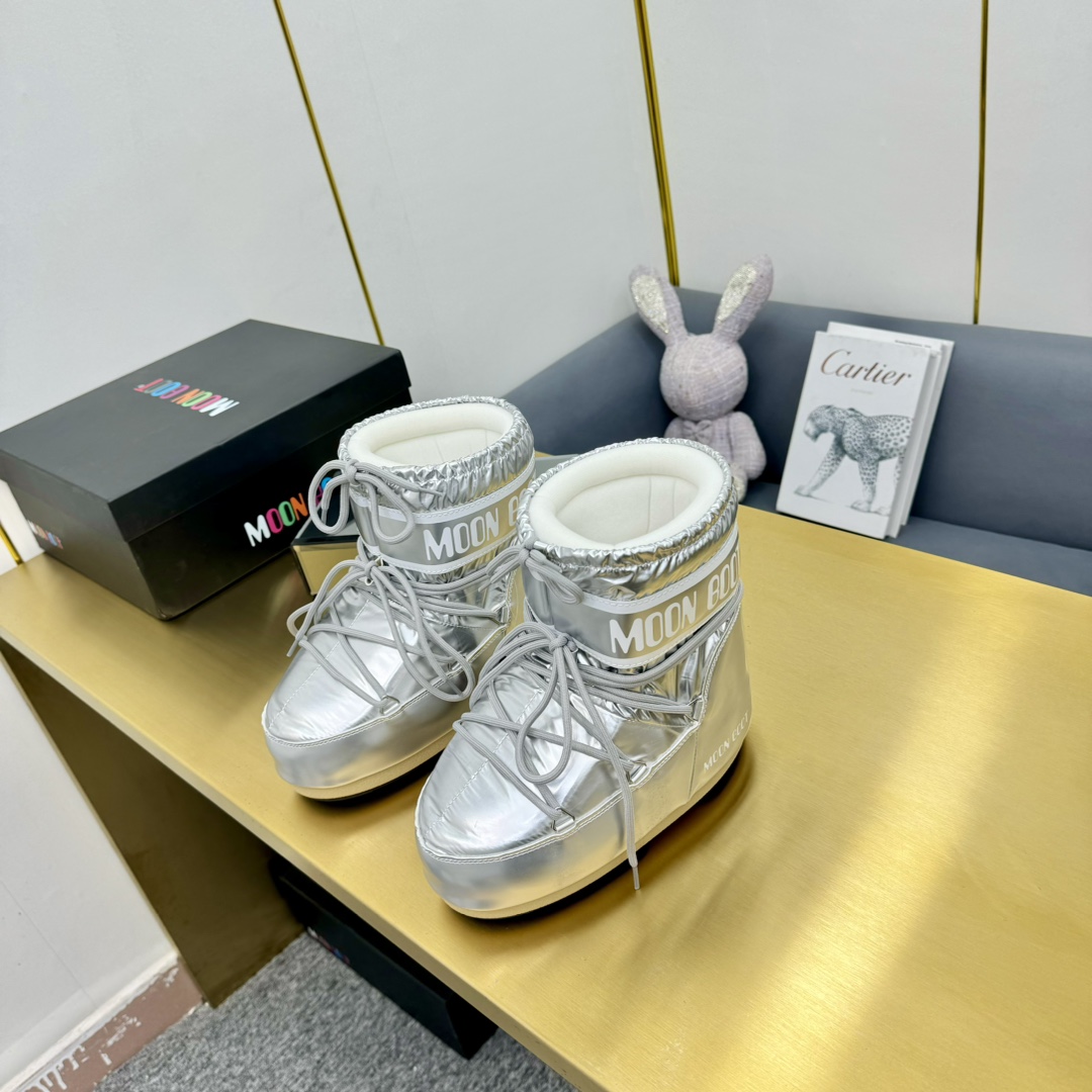 Moon Boot Silver Icon Low Glance Satin Boots Water-repellent Round toe lace-up Women Shoes