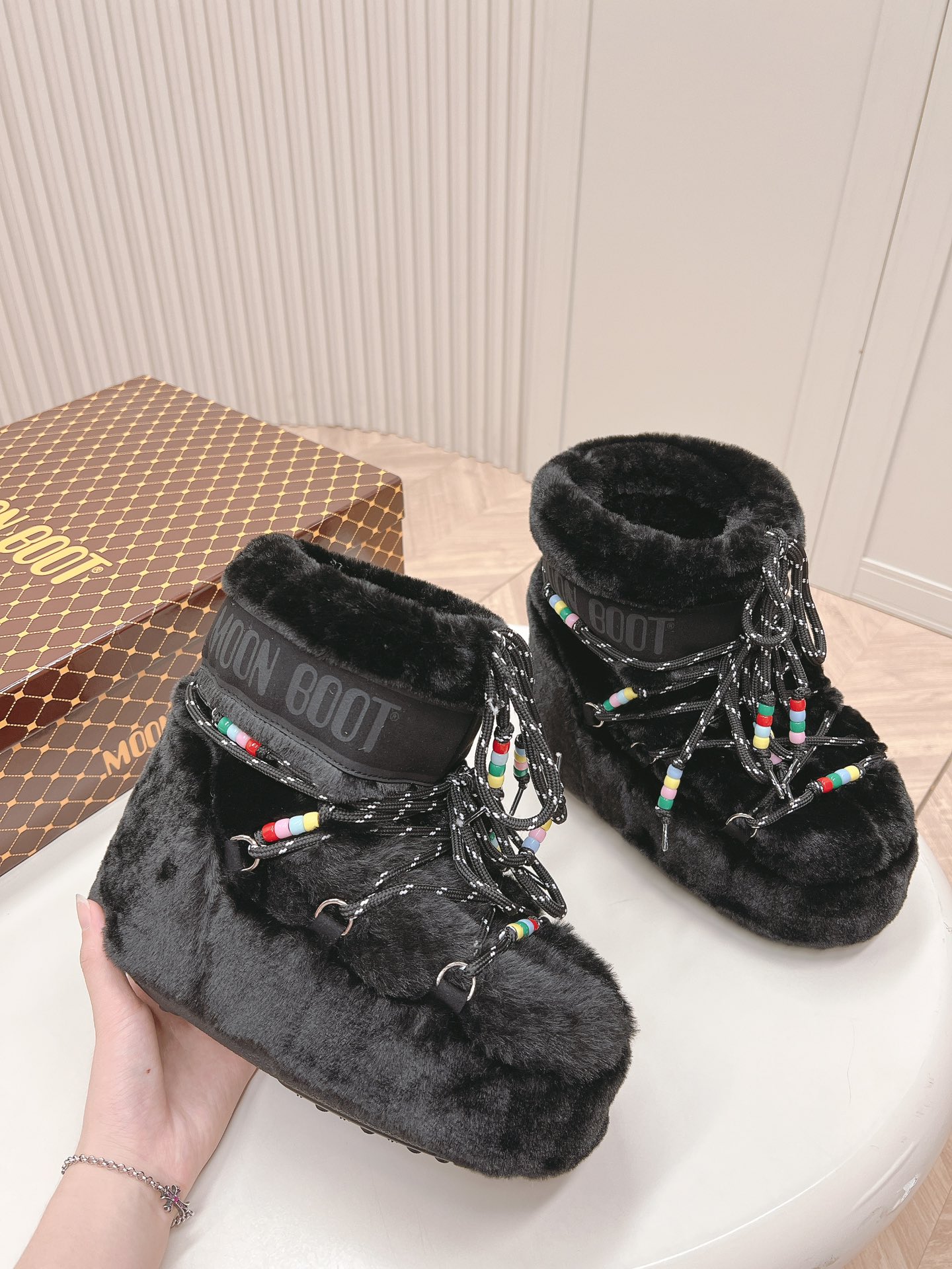 Moon Boot Shearling Fur Icon Glance Satin Nylon Lace-Up Women Snow Boots