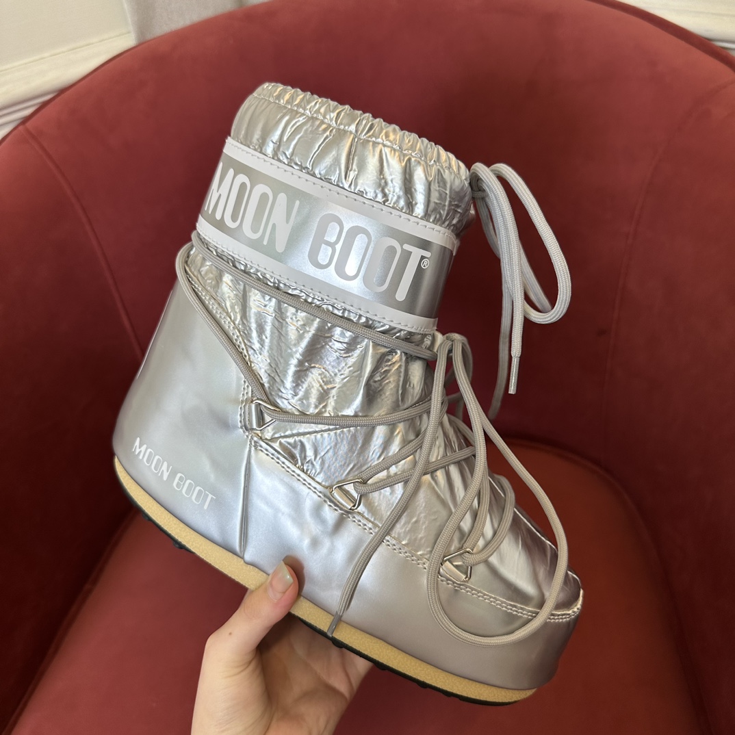 Moon Boot Icon Glance Satin Nylon Lace-Up Women Snow Boots silver