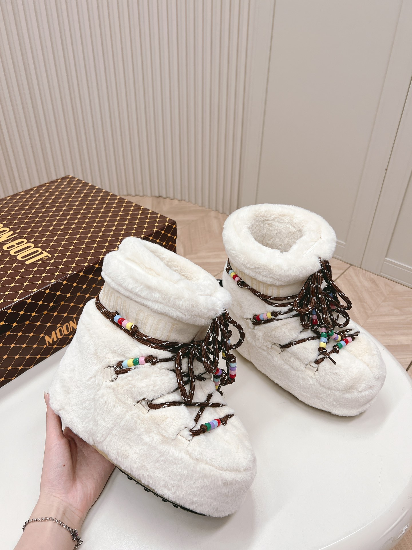 Moon Boot Shearling Fur Icon Glance Satin Nylon Lace-Up Women Snow Boots