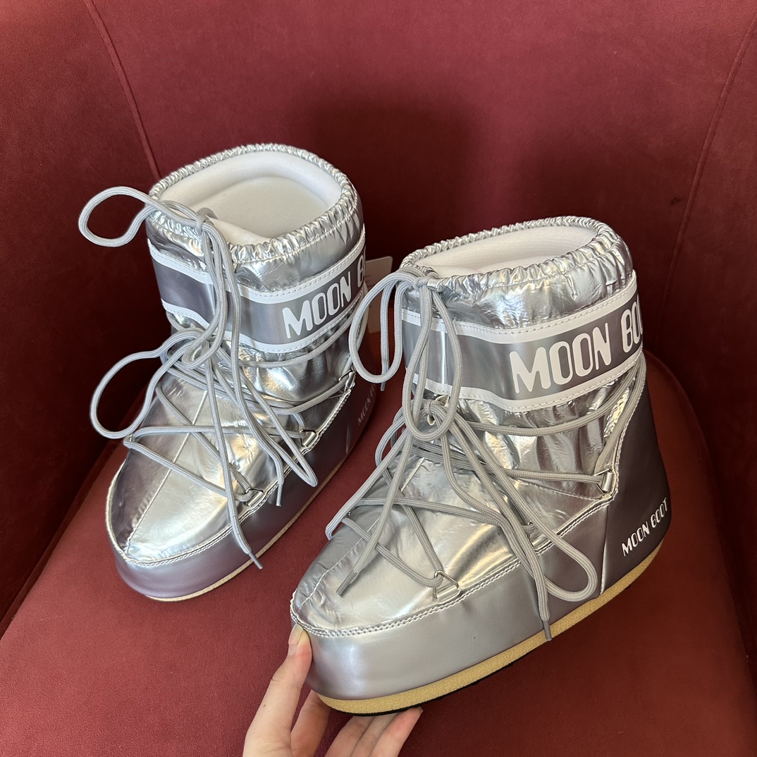 Moon Boot Icon Glance Satin Nylon Lace-Up Women Snow Boots silver