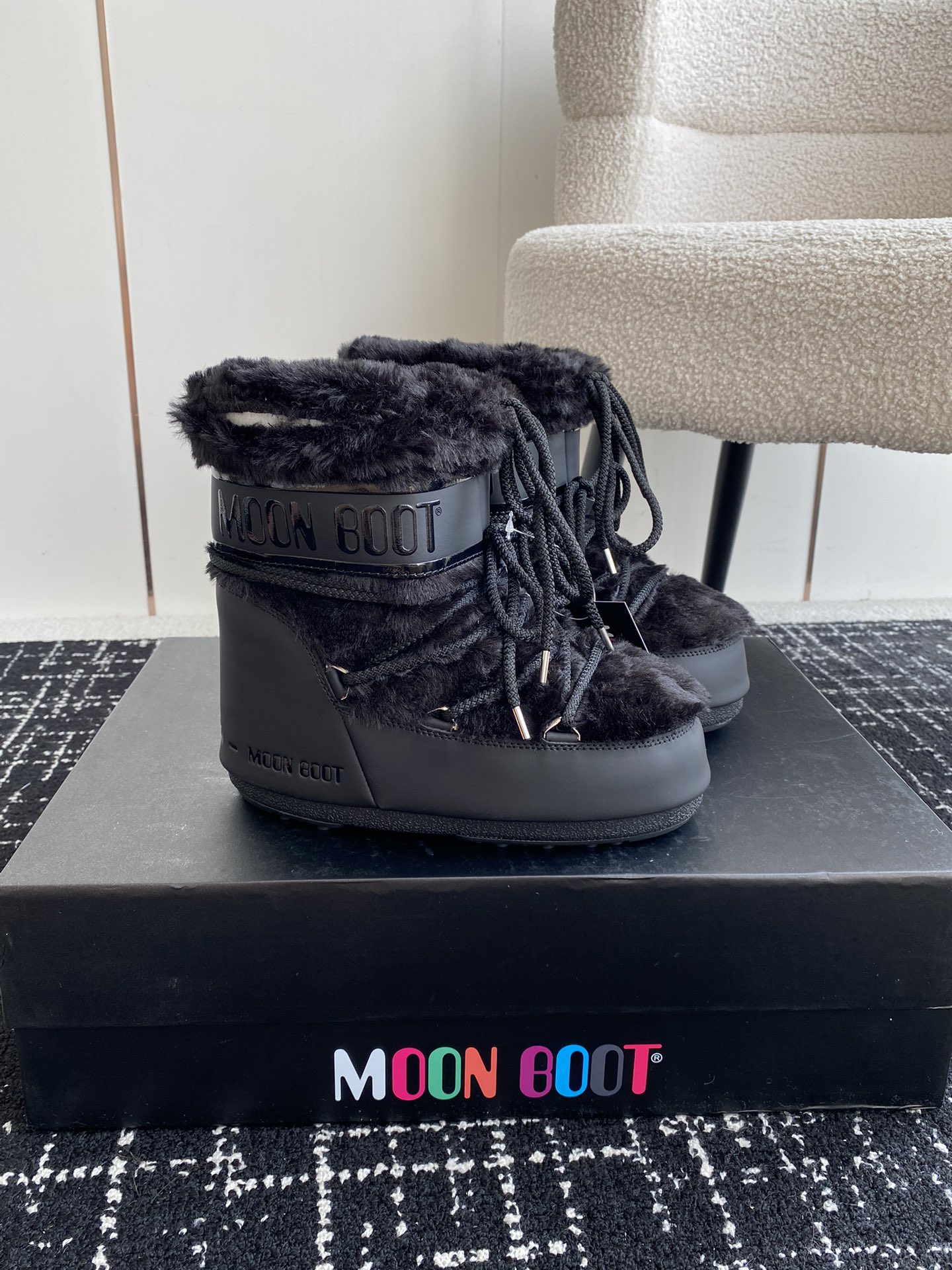 Moon Boot Shearling Fur Icon Glance Satin Nylon Lace-Up Women Snow Boots