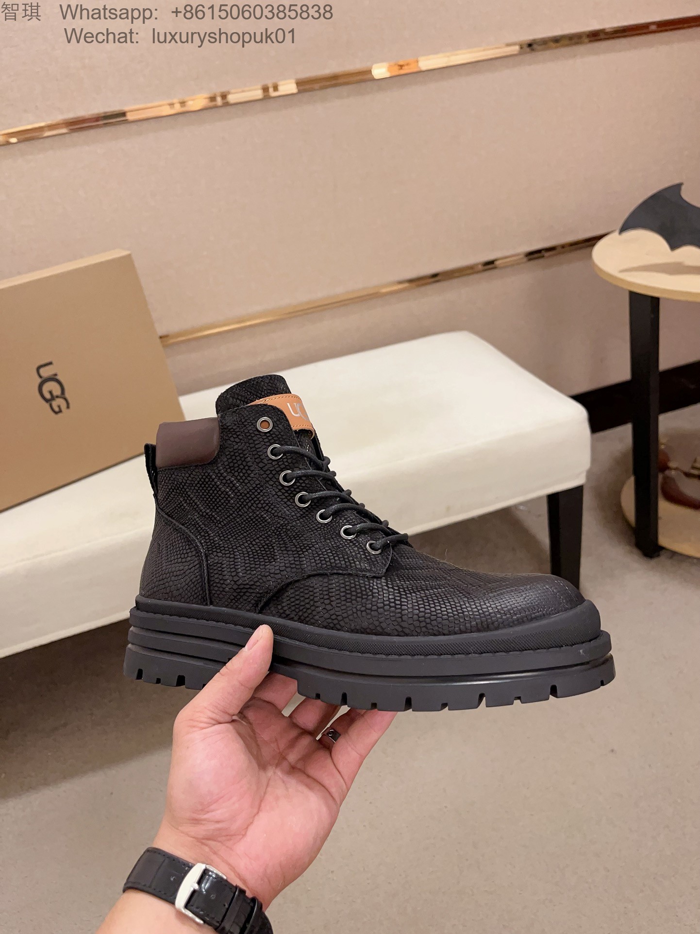 Mens Women UGG Fur Waterproof Leather Lace Up Ankle Work Boots