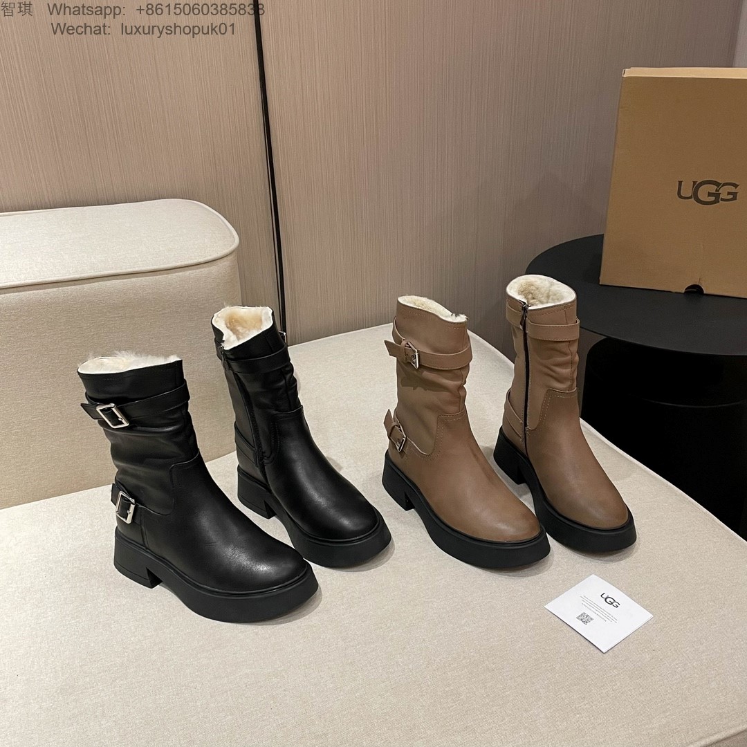 Women UGG Fur Leather Ankle Kensington Biker Boots