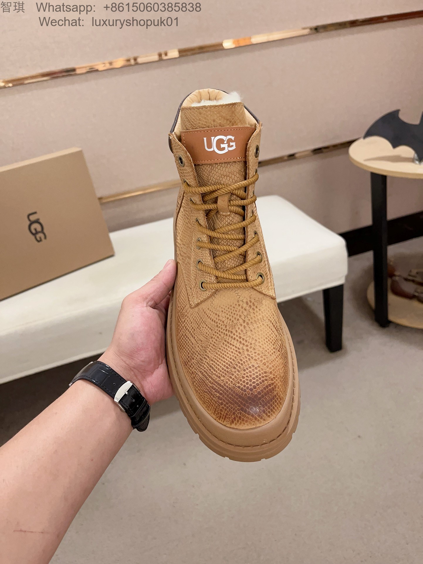 Mens Women UGG Fur Waterproof Leather Lace Up Ankle Work Boots