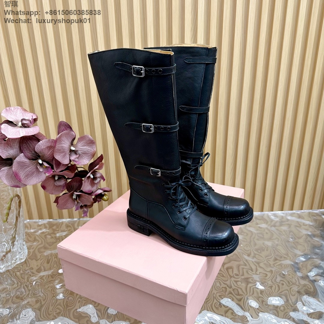 Women Miu Miu Buckled Leather Knee High Biker Boots Shoes
