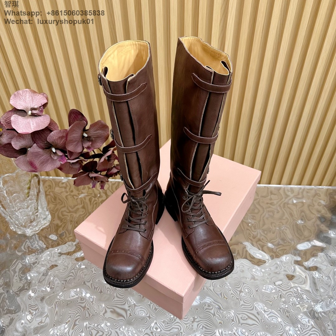 Women Miu Miu Buckled Leather Knee High Biker Boots Shoes