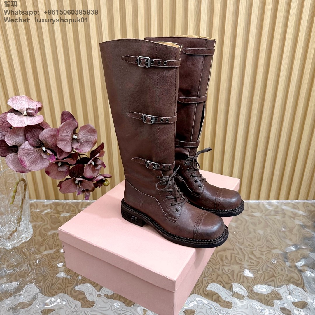 Women Miu Miu Buckled Leather Knee High Biker Boots Shoes