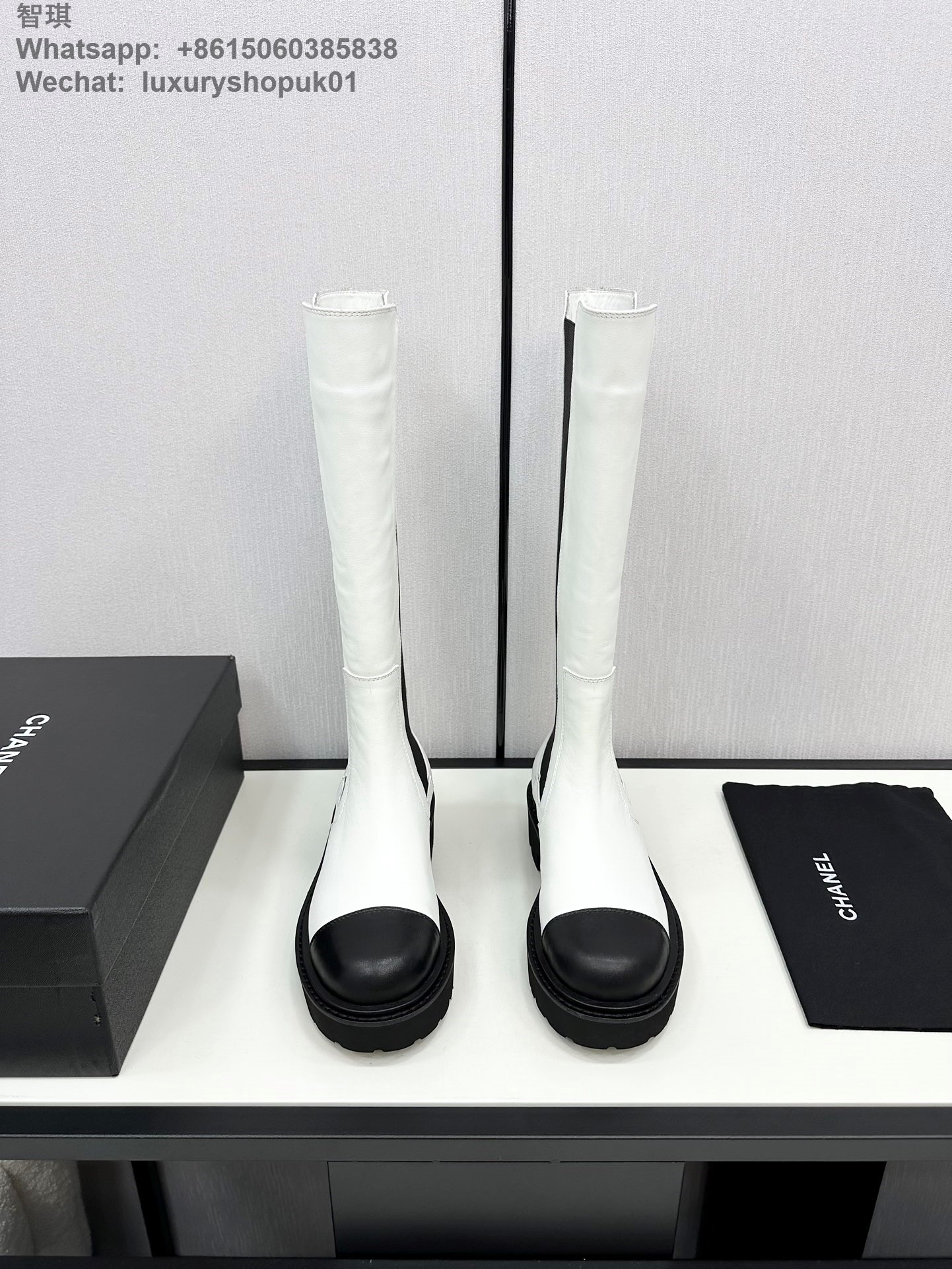 Women Chanel Knee High Leather Platform Boot Shoes white