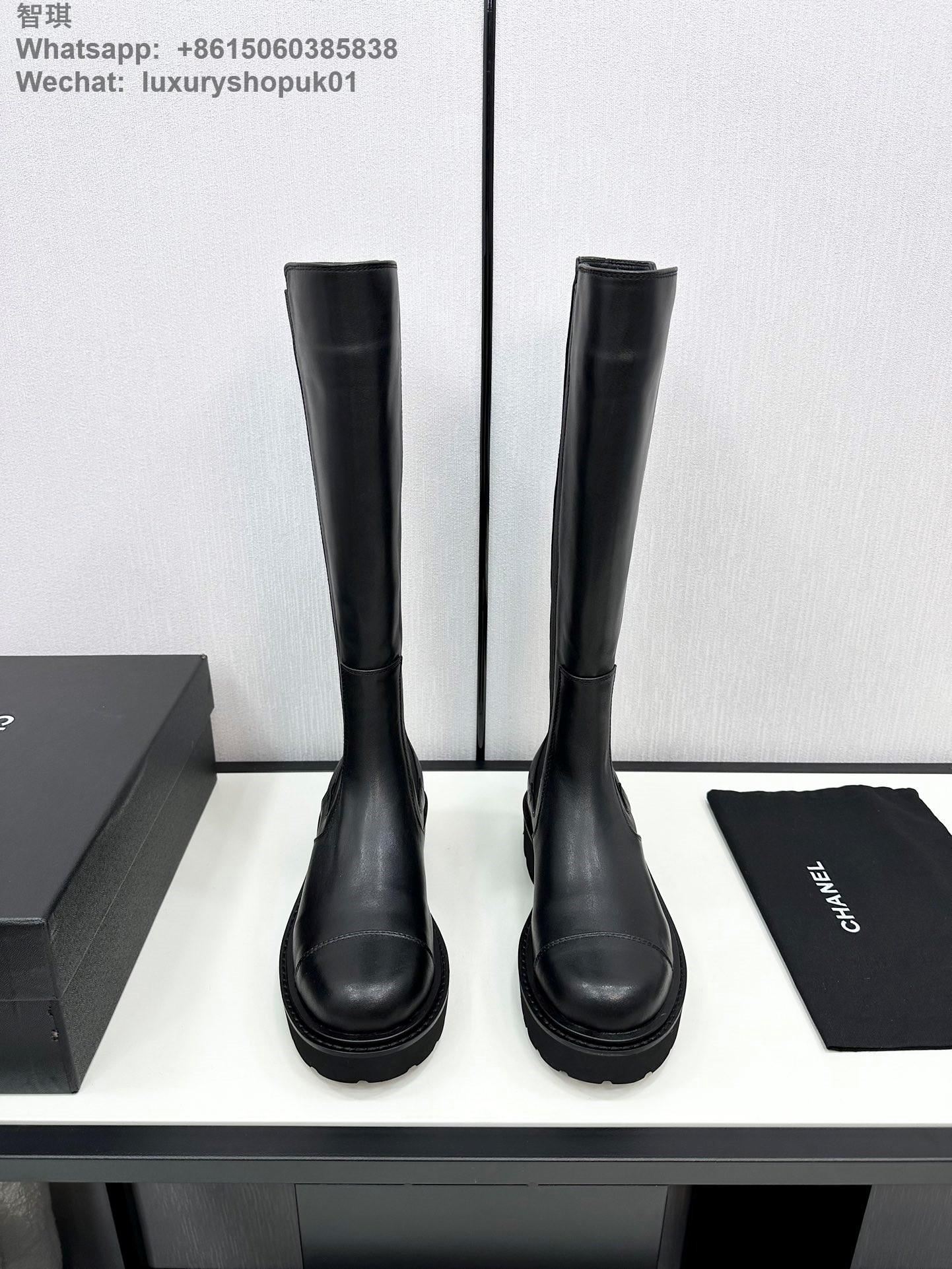 Women Chanel Knee High Leather Platform Boot Shoes black