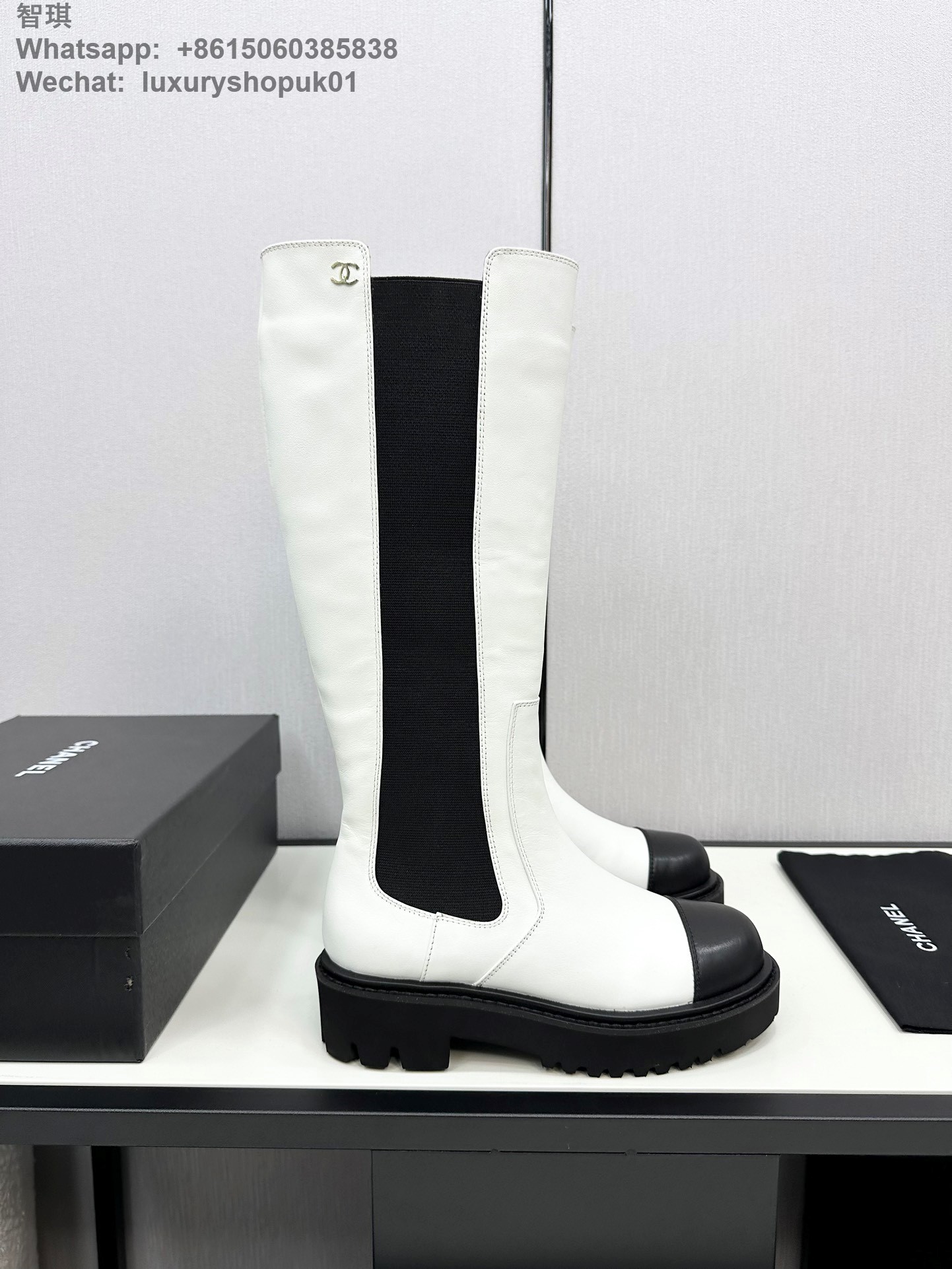 Women Chanel Knee High Leather Platform Boot Shoes white