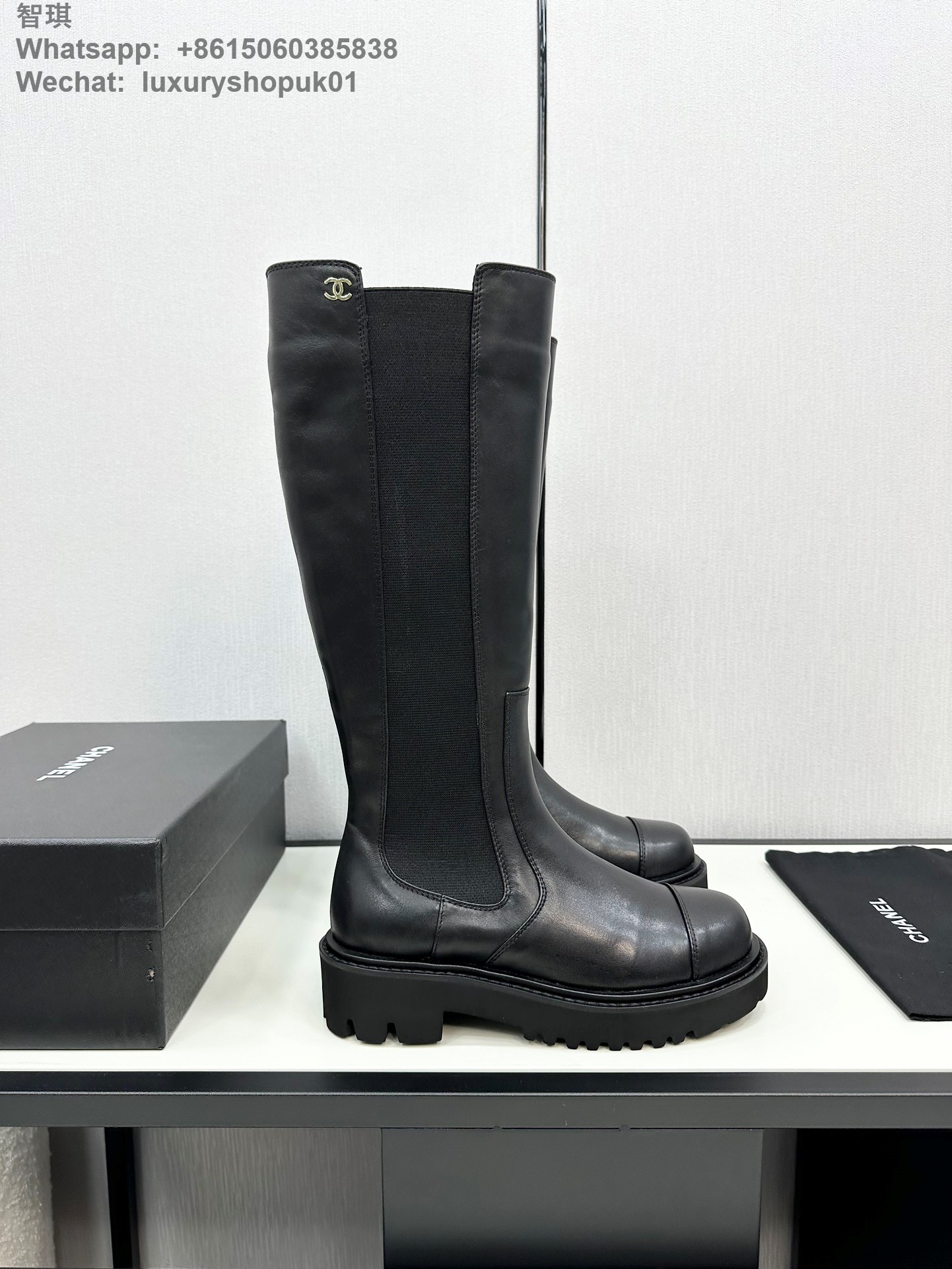 Women Chanel Knee High Leather Platform Boot Shoes black