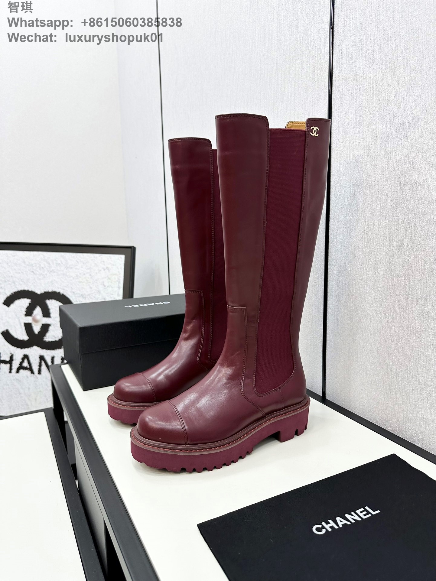 Women Chanel Knee High Leather Platform Boot Shoes Red