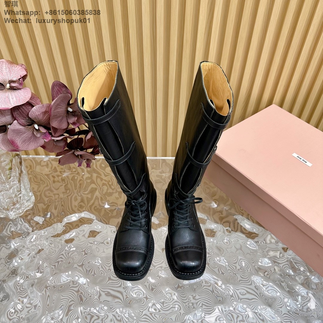 Women Miu Miu Buckled Leather Knee High Biker Boots Shoes