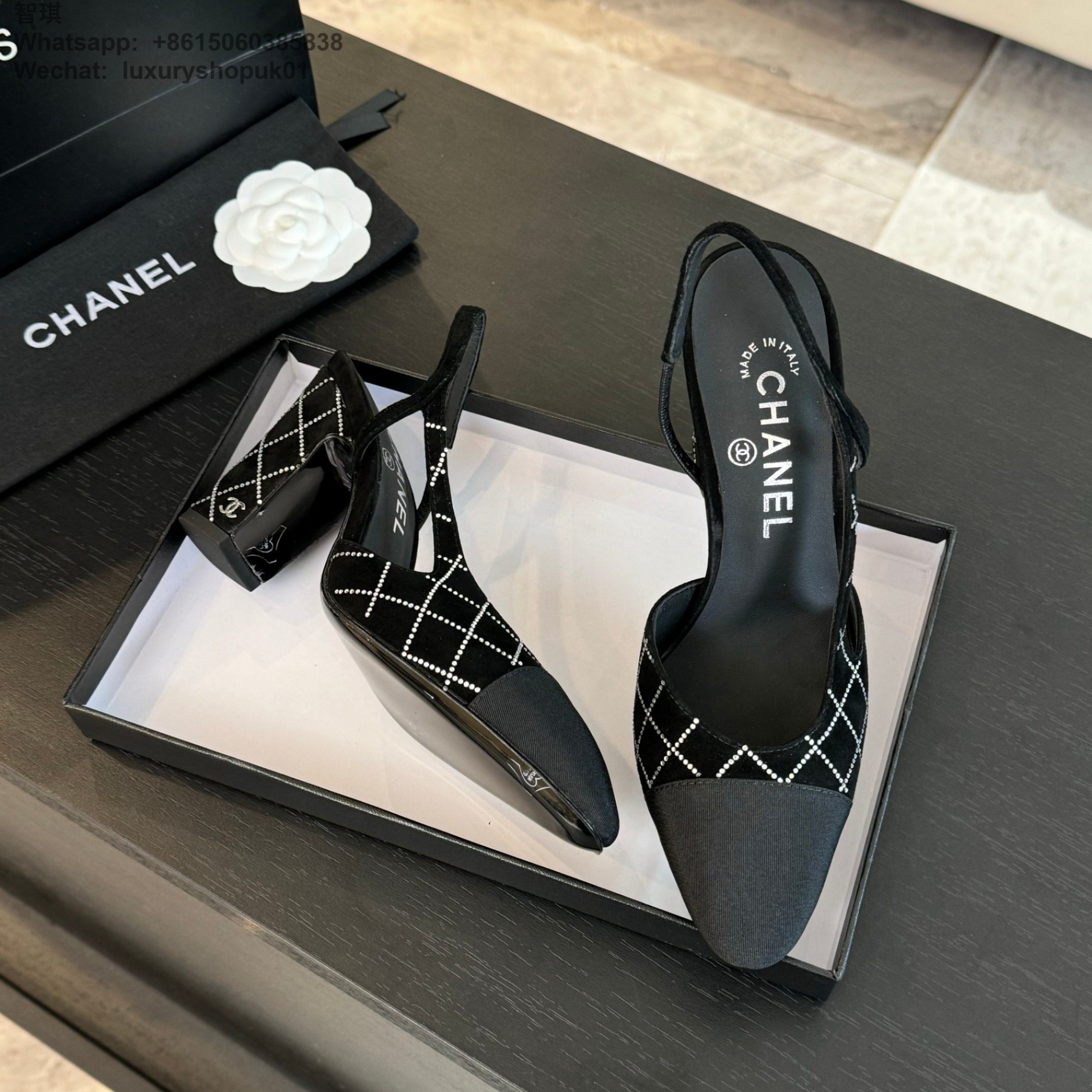 Women Chanel CC Logo Leather Tweed Slingbacks Pumps Heels Shoes 9cm