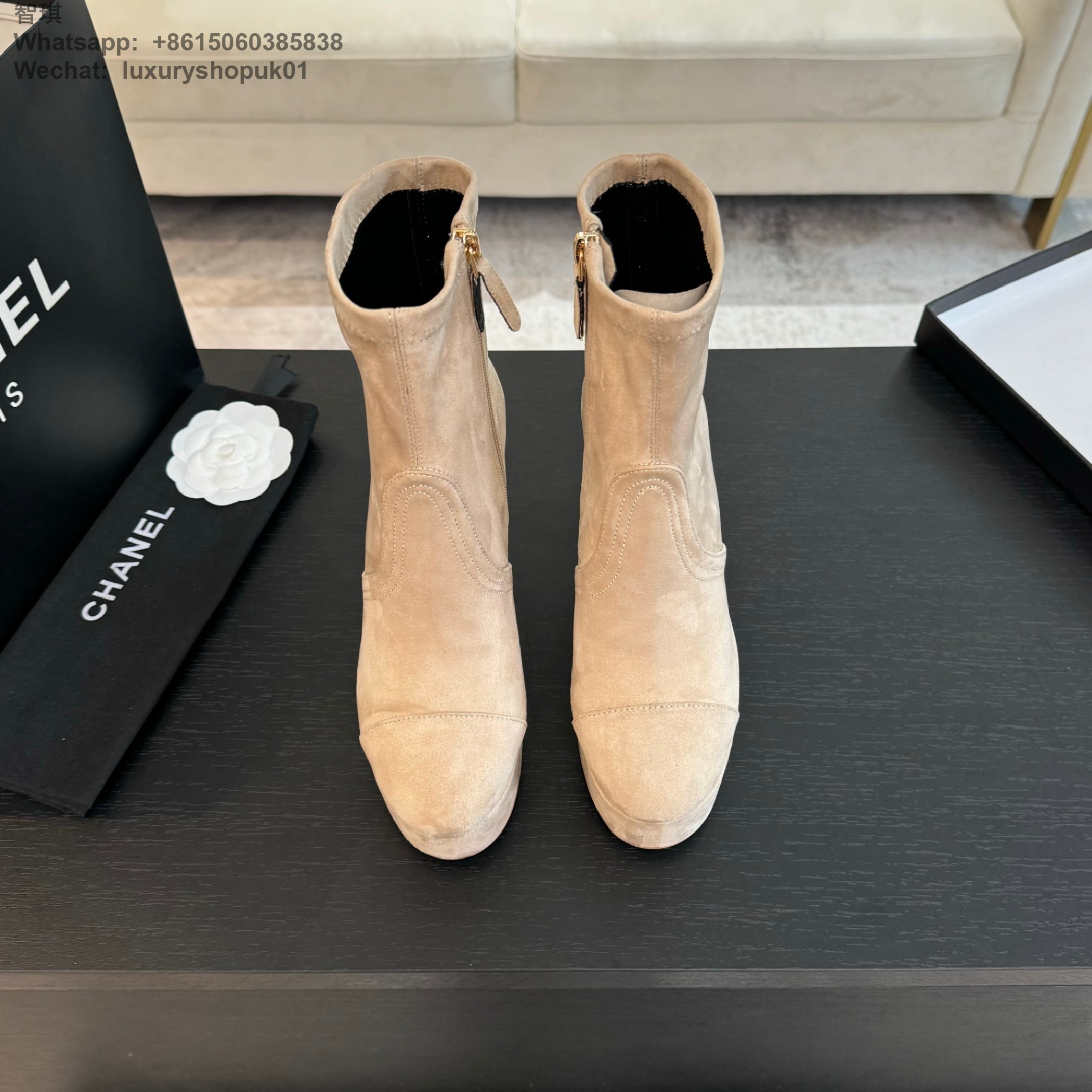 Women Chanel FALL-WINTER 2024 2025 SHORT BOOTS Platform Stretch Suede Calfskin Beige Shoes