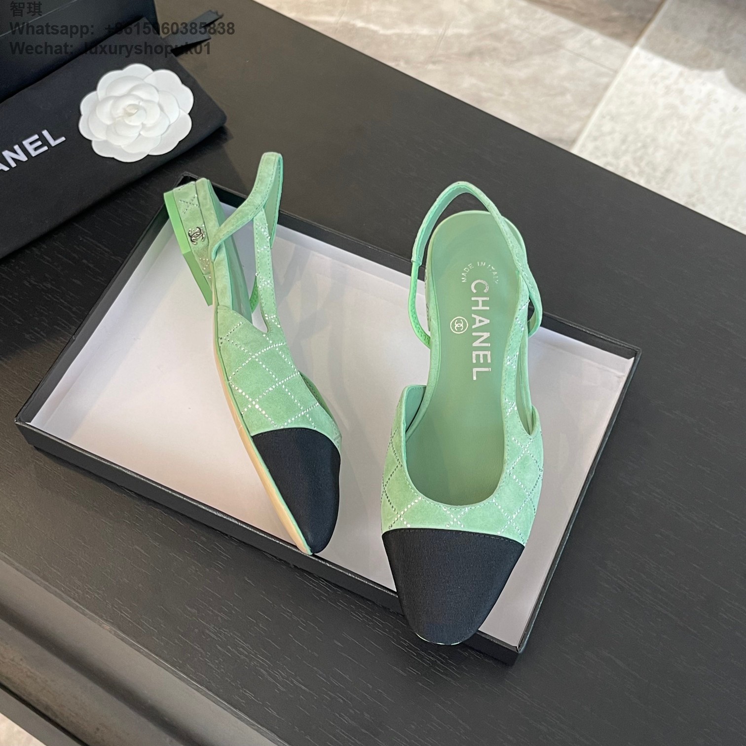 Women Chanel Leather Fabric Cap Toe Slingback Flats Sandals CC Logo Tweed Ballet Shoes