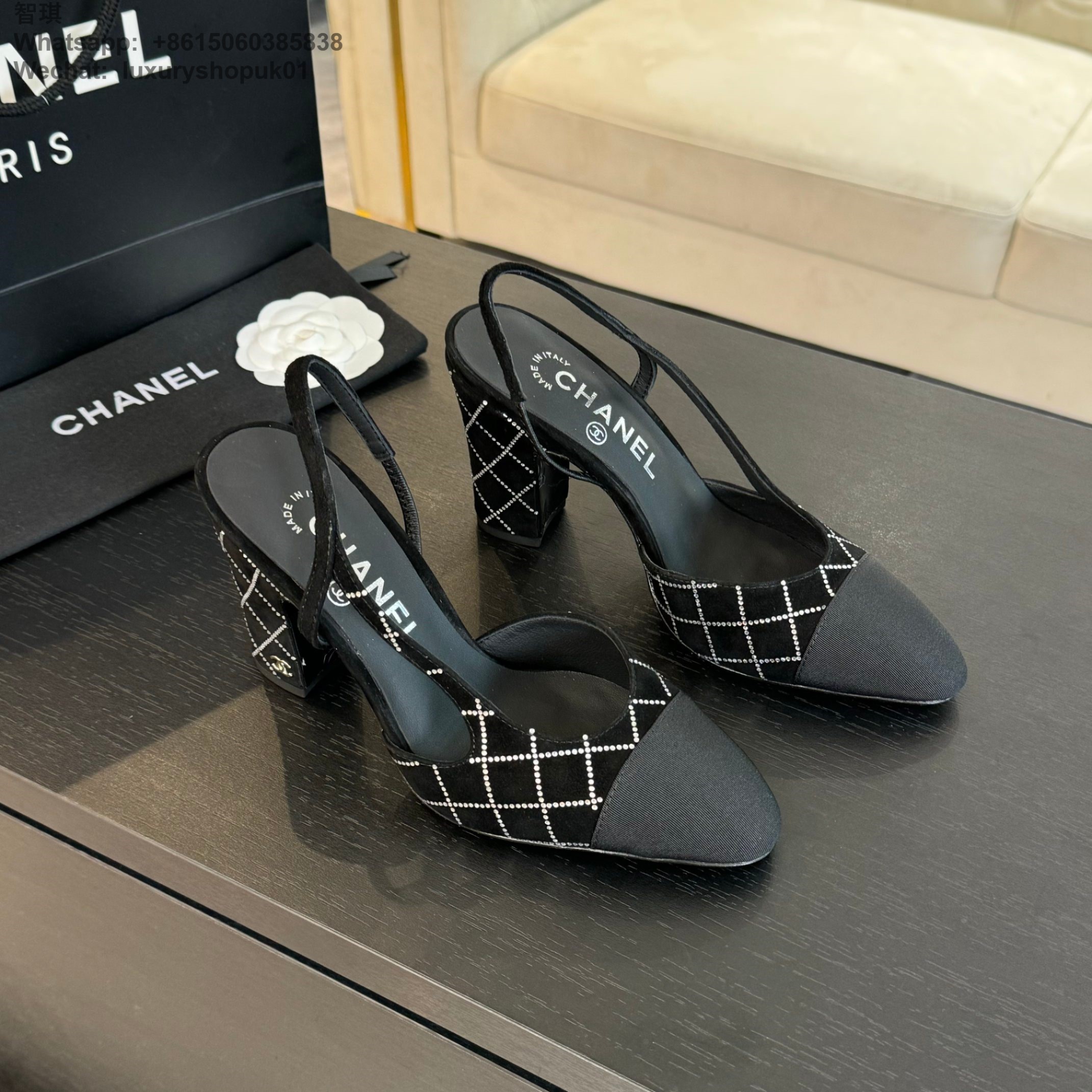 Women Chanel CC Logo Leather Tweed Slingbacks Pumps Heels Shoes 9cm