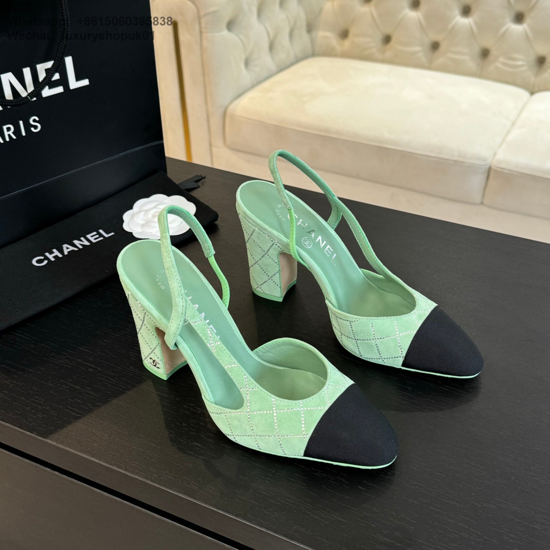 Women Chanel CC Logo Leather Tweed Slingbacks Pumps Heels Shoes