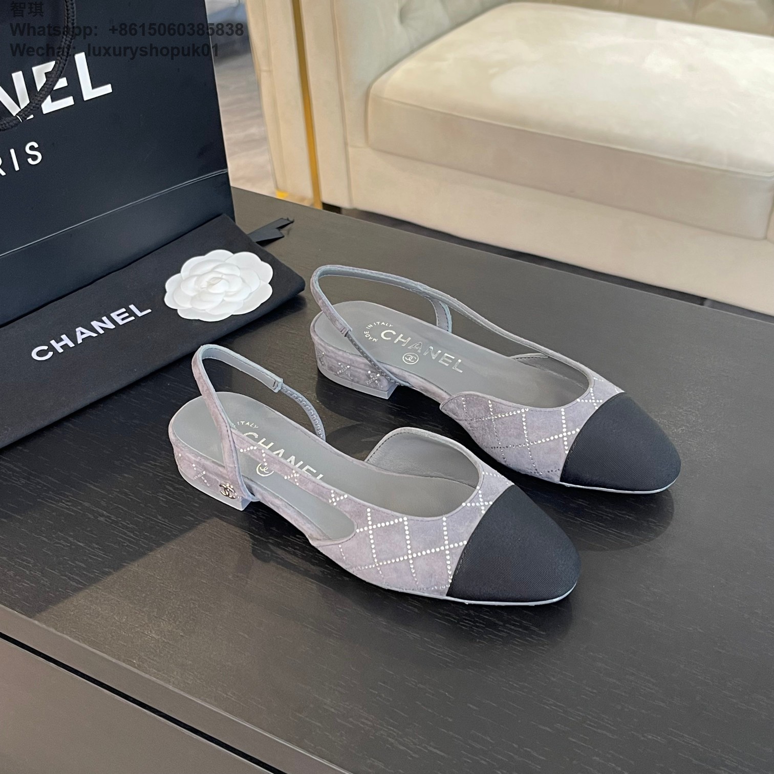 Women Chanel Leather Fabric Cap Toe Slingback Flats Sandals CC Logo Tweed Ballet Shoes